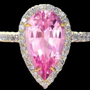 Bubble Gum Pink Tourmaline Pear Diamond Ring YG